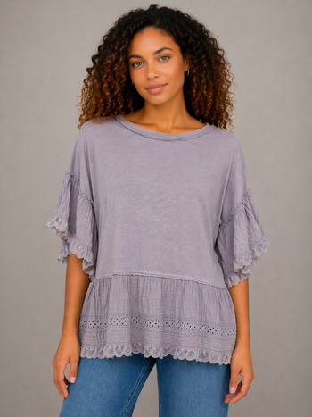 Easel Cotton Top with Gauze and Eyelet Lace Ruffles in Dusty Lavender