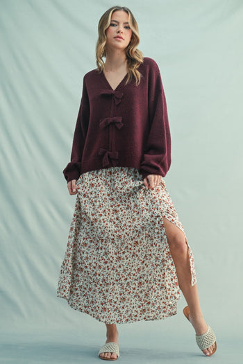 Wishlist Brushed Knit Sweater with Bow Detail Front in Bordeaux