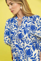 Umgee Floral Print Top with Contrasting Stripe Piping in Blue