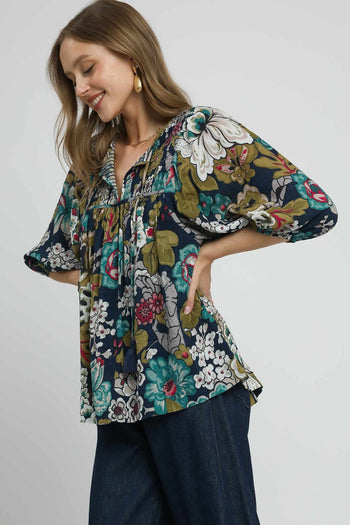 Umgee Floral Print Top in Navy
