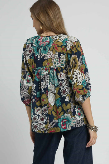 Umgee Floral Print Top in Navy
