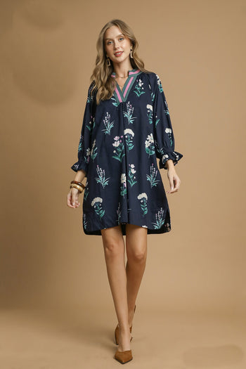 Umgee Exclusive Floral Print Mini Dress with Contrasting Stripe Trim in Midnight Mix S Umgee Exclusive Floral Print Mini Dress with Contrasting Stripe Trim in Midnight Mix S