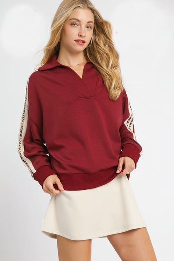 Umgee Luxeknit Pullover Top with Contrasting Leopard Print in Mahogany