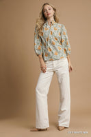 Umgee Abstract Print Puff Sleeve Blouse in Off White Mix
