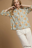 Umgee Abstract Print Puff Sleeve Blouse in Off White Mix