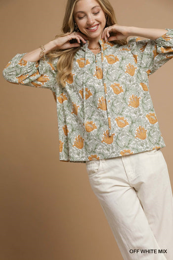 Umgee Abstract Print Puff Sleeve Blouse in Off White Mix