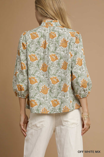 Umgee Abstract Print Puff Sleeve Blouse in Off White Mix