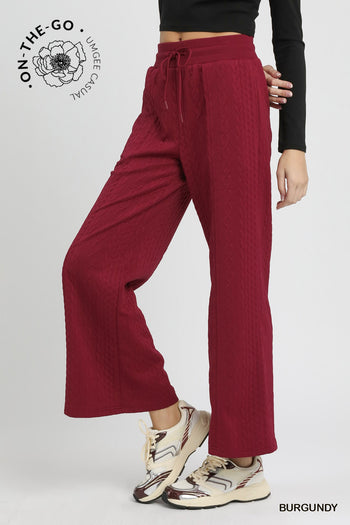 Umgee Cable Knit Textured Wide Leg Pants in Burgundy