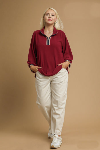 Umgee Ribbed Knit Half Zip Pullover Top in Burgundy