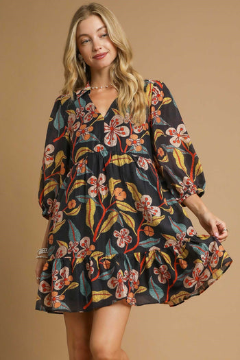 Umgee Tropical Floral Print Mini Dress in Black Mix