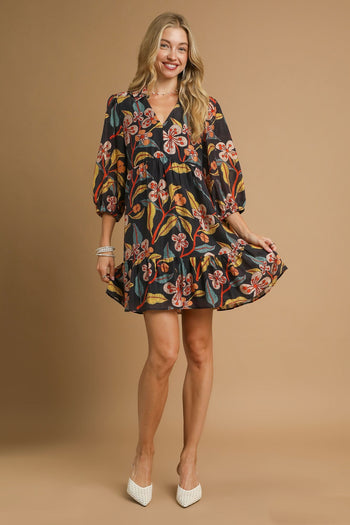 Umgee Tropical Floral Print Mini Dress in Black Mix