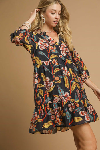 Umgee Tropical Floral Print Mini Dress in Black Mix