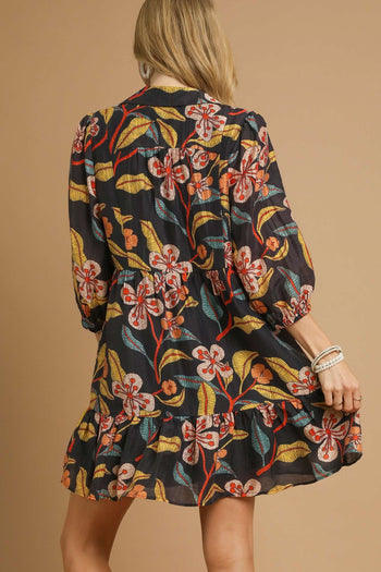 Umgee Tropical Floral Print Mini Dress in Black Mix