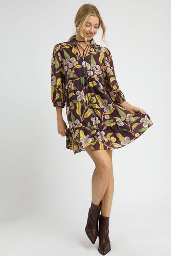 Umgee Tropical Floral Print Mini Dress in Brown Mix