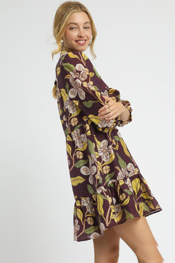 Umgee Tropical Floral Print Mini Dress in Brown Mix