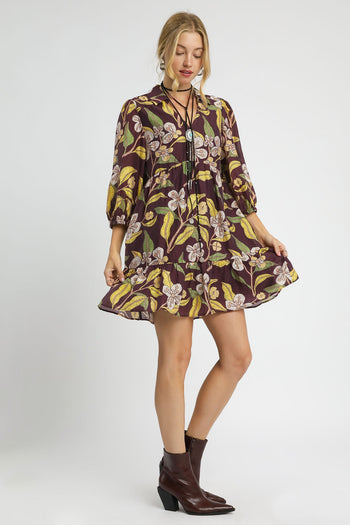Umgee Tropical Floral Print Mini Dress in Brown Mix