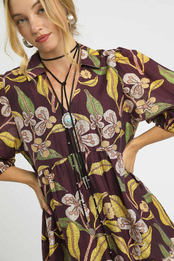 Umgee Tropical Floral Print Mini Dress in Brown Mix