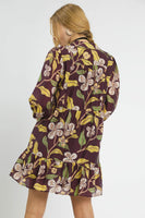 Umgee Tropical Floral Print Mini Dress in Brown Mix