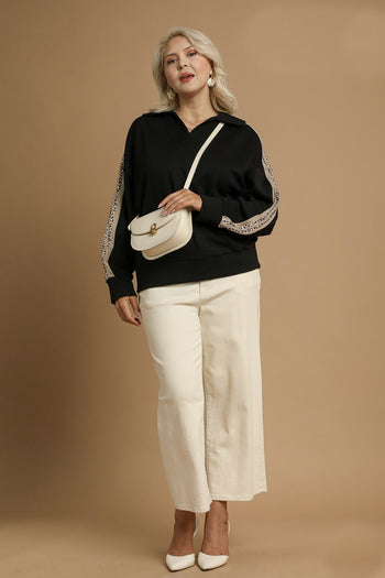 Umgee Luxeknit Pullover Top with Contrasting Leopard Print in Black