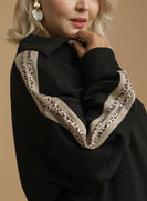 Umgee Luxeknit Pullover Top with Contrasting Leopard Print in Black