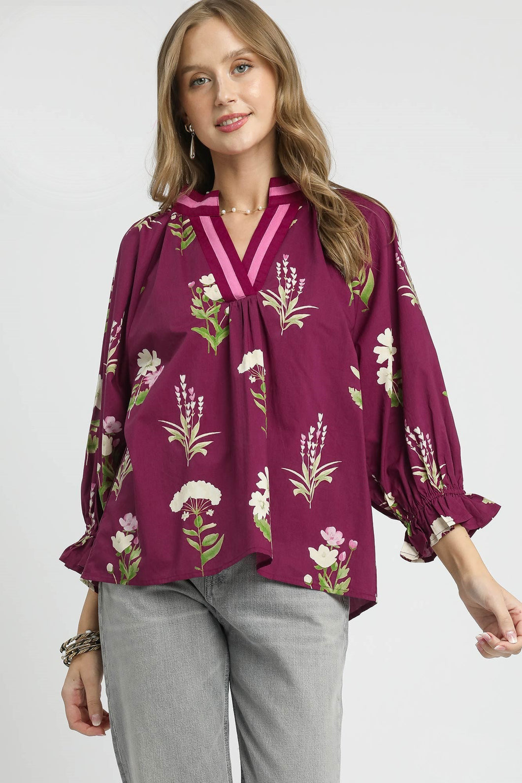 Umgee Exclusive Floral Print Top with Contrasting Stripe Trim in Plum Mix