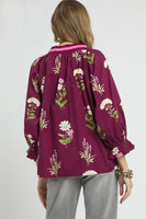 Umgee Exclusive Floral Print Top with Contrasting Stripe Trim in Plum Mix