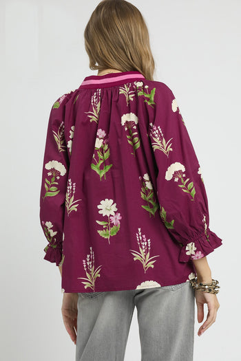 Umgee Exclusive Floral Print Top with Contrasting Stripe Trim in Plum Mix