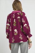 Load image into Gallery viewer, Umgee Exclusive Floral Print Top with Contrasting Stripe Trim in Plum Mix

