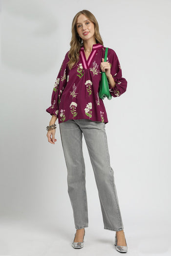 Umgee Exclusive Floral Print Top with Contrasting Stripe Trim in Plum Mix