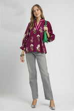 Load image into Gallery viewer, Umgee Exclusive Floral Print Top with Contrasting Stripe Trim in Plum Mix
