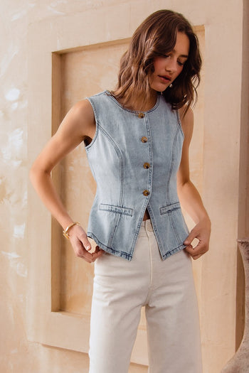 So Me Slim Fit Button Front Vest in Denim