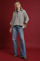 Umgee Mixed Stripe Button Down Top in Black