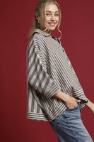Umgee Mixed Stripe Button Down Top in Black