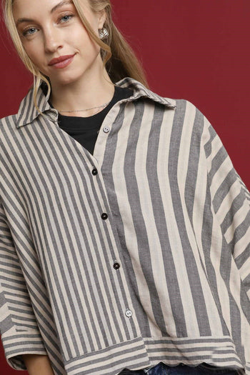 Umgee Mixed Stripe Button Down Top in Black