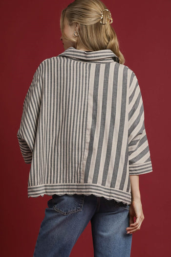 Umgee Mixed Stripe Button Down Top in Black