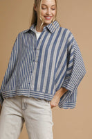 Umgee Mixed Stripe Button Down Top in Denim