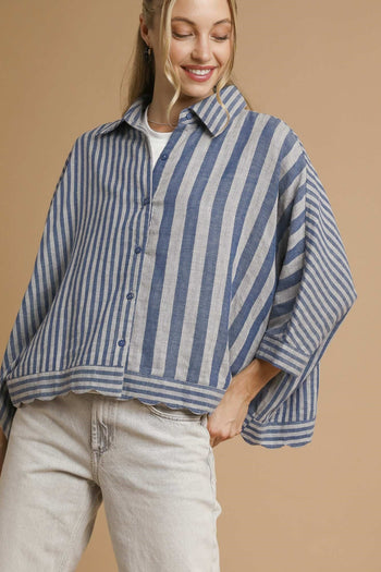 Umgee Mixed Stripe Button Down Top in Denim
