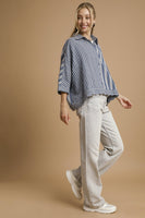 Umgee Mixed Stripe Button Down Top in Denim