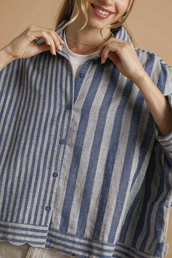 Umgee Mixed Stripe Button Down Top in Denim