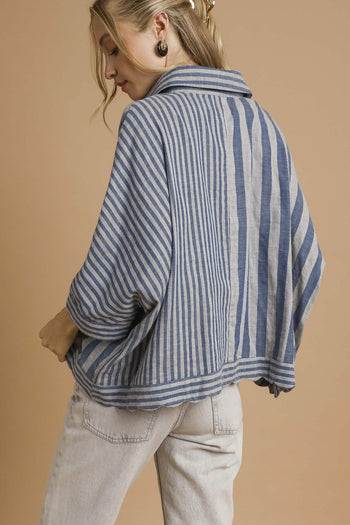 Umgee Mixed Stripe Button Down Top in Denim