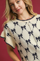 Umgee Diamond Bow Pattern Jacquard Knit Sweater in Cream