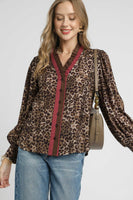 Umgee Leopard Print top with Contrasting Stripe Trim in Olive