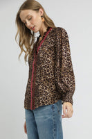 Umgee Leopard Print top with Contrasting Stripe Trim in Olive
