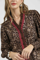 Umgee Leopard Print top with Contrasting Stripe Trim in Olive
