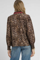 Umgee Leopard Print top with Contrasting Stripe Trim in Olive