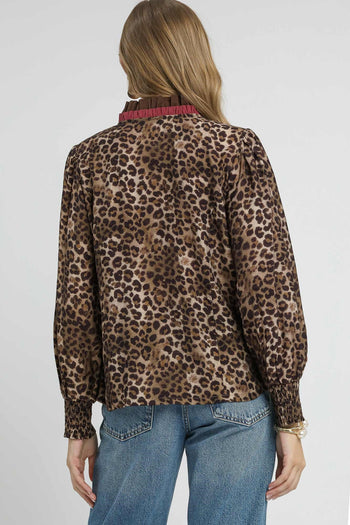 Umgee Leopard Print top with Contrasting Stripe Trim in Olive