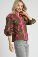 Umgee Floral Print Ruffle Top in Brown Mix