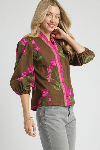 Umgee Floral Print Ruffle Top in Brown Mix