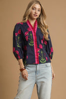 Umgee Floral Print Ruffle Top in Navy Mix
