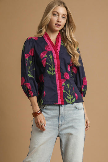 Umgee Floral Print Ruffle Top in Navy Mix